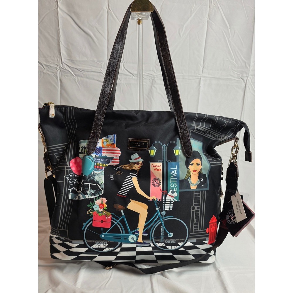 Nicole Lee USA Fashion Week Bicycle Tote Bag NWT Black Nylon Leather Trim